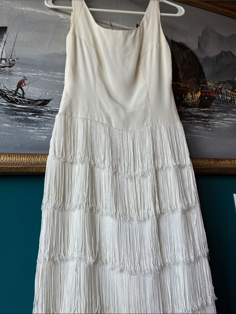 Vintage Original Jr. Theme Ivory Fringe Cocktail Dress | modern Bridal | - Picture 3 of 13